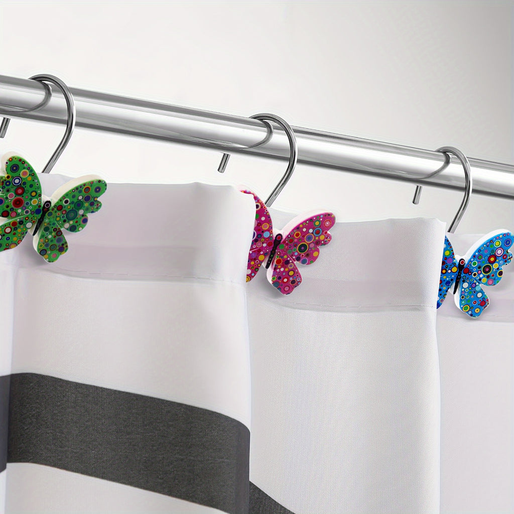 Butterfly Shower Curtain Hooks 12 Pack - Decorative Rustproof Metal Curtain Hook Rings, Colorful Aesthetic Design for Bathroom, Wardrobe & Living Room, Green Blue Tricolor Options
