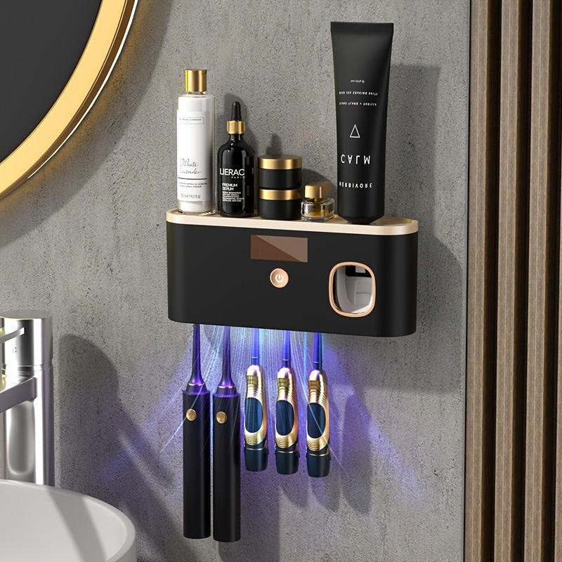 Automatic Toothpaste Dispenser Wall-Mounted with 5-Slot Toothbrush Holder, USB Rechargeable Smart Toothbrush Sanitizing Stand — Bathroom Organizer for Home, White & Black Gold