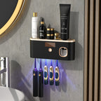Automatic Toothpaste Dispenser Wall-Mounted with 5-Slot Toothbrush Holder, USB Rechargeable Smart Toothbrush Sanitizing Stand — Bathroom Organizer for Home, White & Black Gold
