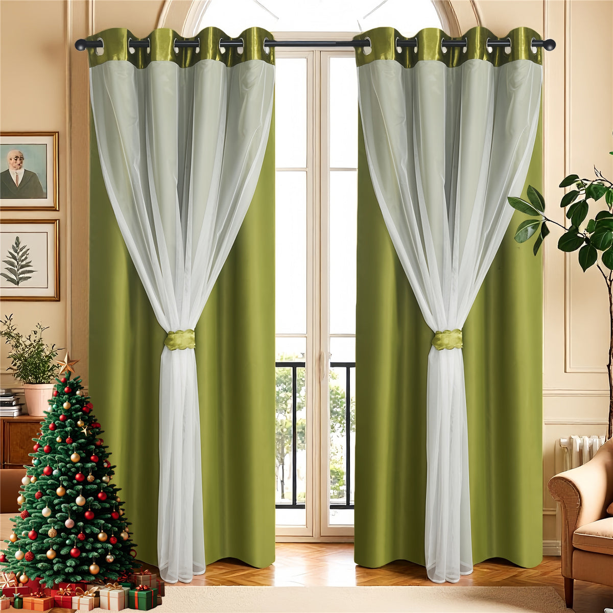 Double Layer Curtains Snowflake Embroidered Sheer Voile + Room Darkening Grommet Drapes – Thermal Insulated Tiebacks Included | 7 Colors Pack of 2