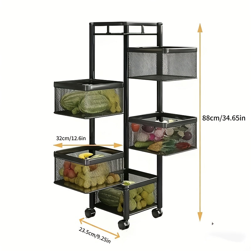 5-Tier Rotating Kitchen Storage Basket on Wheels Metal Fruit Vegetable Rack Rolling Floor Standing Trolley for Kitchen Bathroom Square Black White