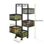 5-Tier Rotating Kitchen Storage Basket on Wheels Metal Fruit Vegetable Rack Rolling Floor Standing Trolley for Kitchen Bathroom Square Black White
