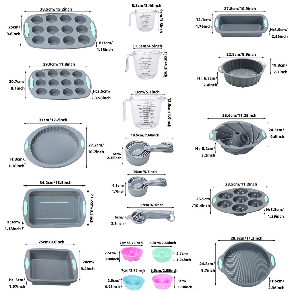 Silicone Bakeware Set – 45, 53 or 83-Piece with Cake Molds, Baking Sheet, Donut Pan, Muffin Pan, Baking Cups & Measuring Cups and Spoons