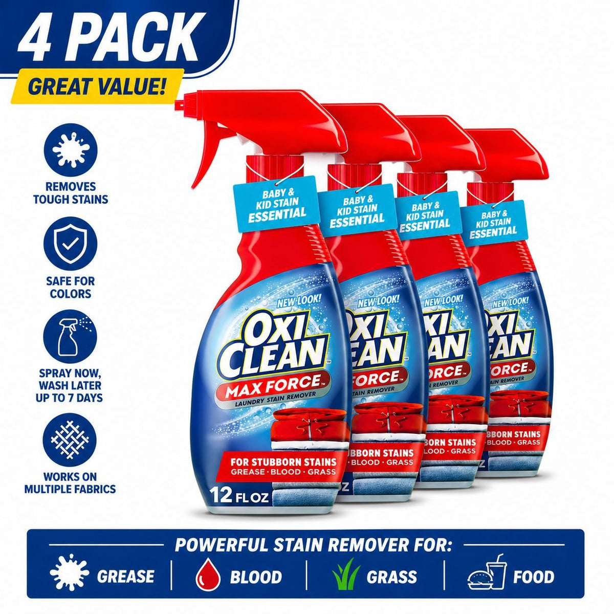 OxiClean Max Force Laundry Stain Remover Spray 12oz – Color-Safe Formula, Spray & Wait Up to 7 Days, Removes Grease, Oil, Blood & Grass | 2, 3 or 4 Pack