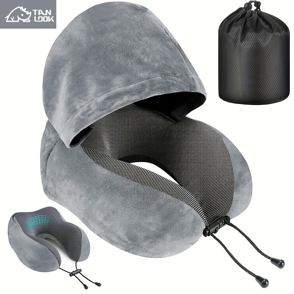 Hooded U-Shaped Travel Neck Pillow with Hood & Light-Blocking Cover – Airplane Nap Pillow for Adults, Home Office Sleep Support, U-Shape Neck Rest
