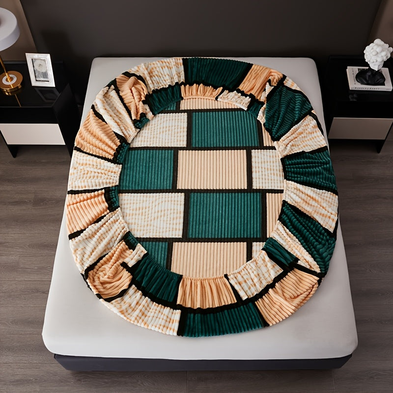 Velvet Fitted Sheet Geometric Checkered Flannel Microfiber Soft Skin-Friendly Machine Washable All-Season Twin Full Queen King Smoke Brown Rock Ash