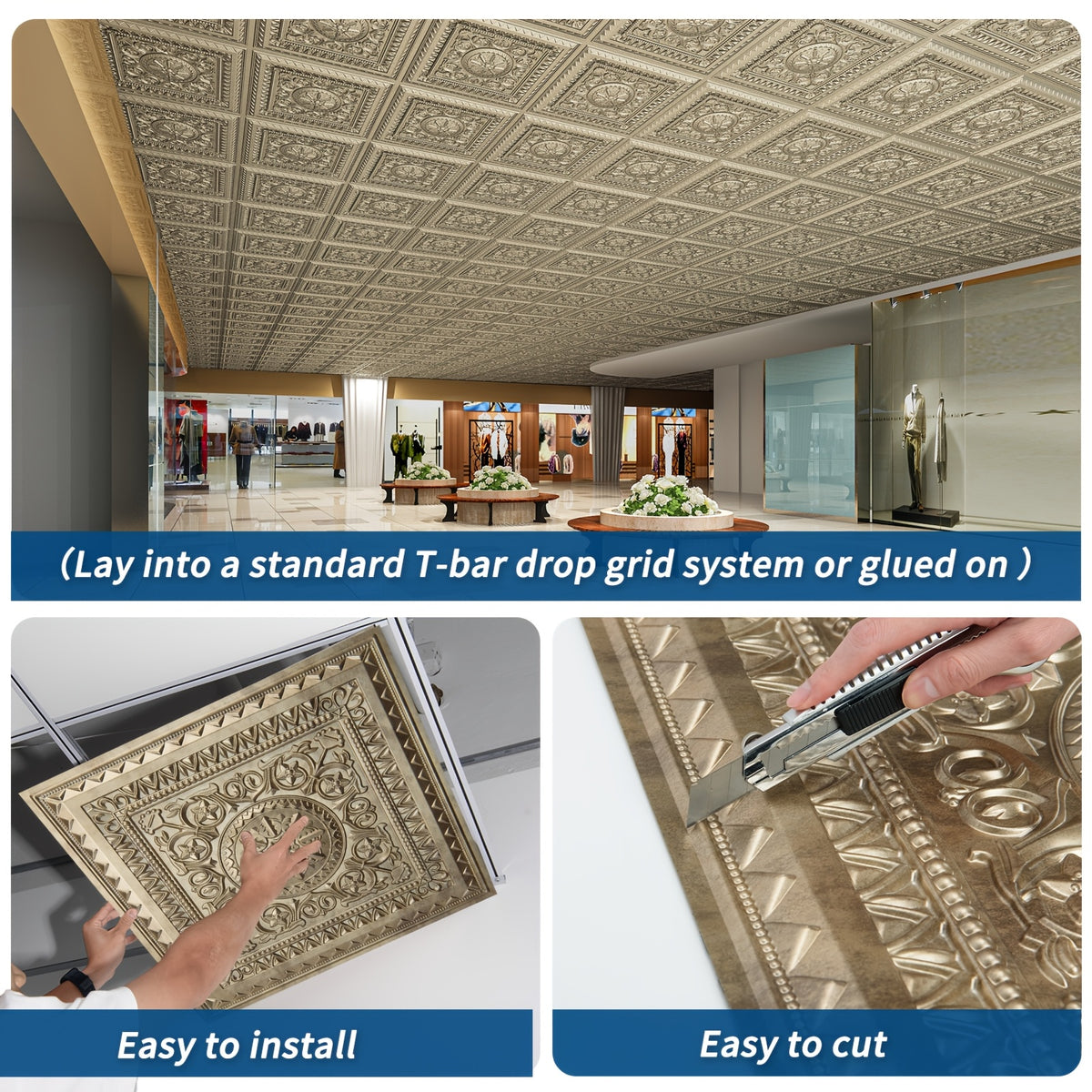 PVC Decorative Ceiling Tiles 24x24 Inch 12-Pack – Vintage Gold Luxury Floral Design, Easy DIY Drop Ceiling or Glue-Up Install, Waterproof & Lightweight, Covers 48 Sq Ft