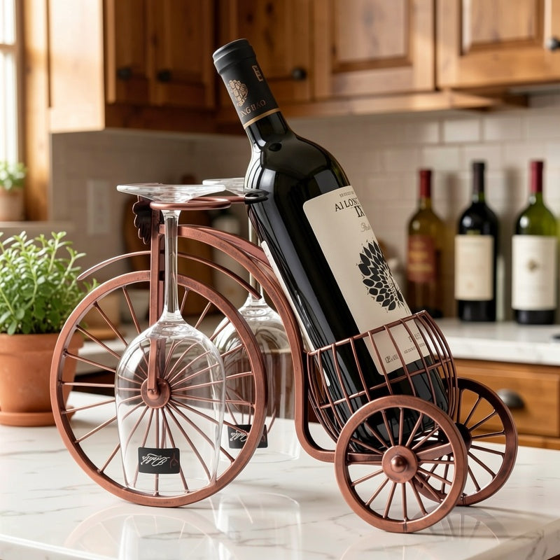 Vintage Bicycle Wine Rack Holder with Glass Storage – Iron Tabletop Wine Bottle Stand for Home Decor Parties & Gifts