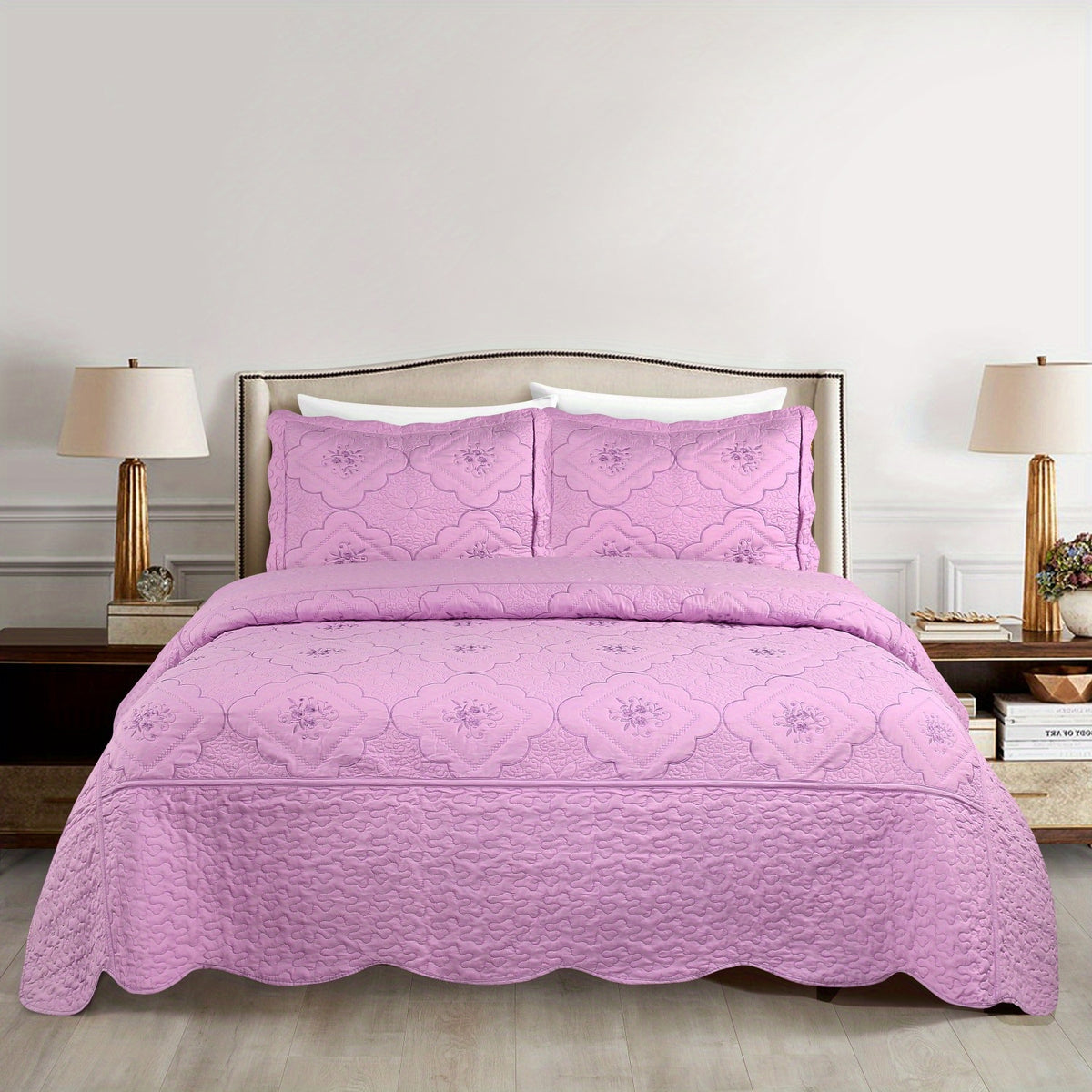 Quilted Embroidered Bedspread Set 3 Pcs – Floral Embroidery, 100% Polyester, Wrinkle-Resistant Lightweight Coverlet for Queen & King Bedroom Decor, 16 Colors