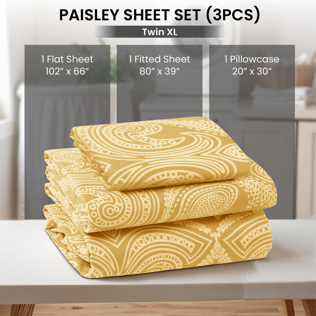 Paisley Bed Sheet Sets Queen King Twin Full Cal King – Soft Brushed Microfiber Deep Pocket Fitted Sheet & Pillowcases, Wrinkle Free