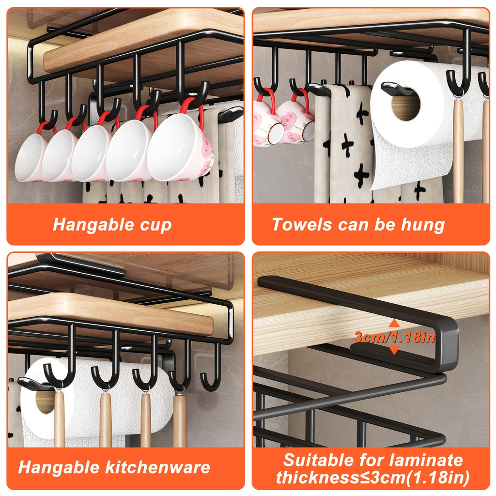 Under Cabinet Organizer Rack with Double Row Hooks Heavy Duty Carbon Steel Kitchen Shelf for Utensils Towels Cups Cutting Boards – No-Drill Easy Install
