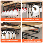 Under Cabinet Organizer Rack with Double Row Hooks Heavy Duty Carbon Steel Kitchen Shelf for Utensils Towels Cups Cutting Boards – No-Drill Easy Install