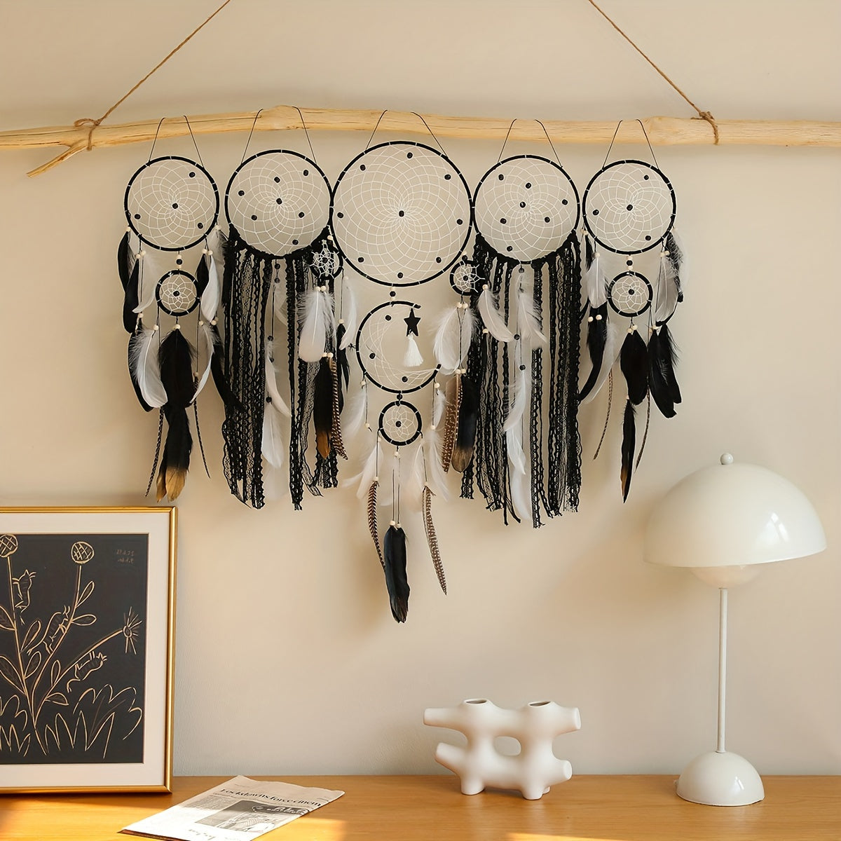 Boho Metal Dreamcatcher Set of 5 with Feathers – Large Multi-Size Wall Hanging Decor for Bedroom in 5 Colors, Spiritual Catcher Gift for Christmas & Graduation