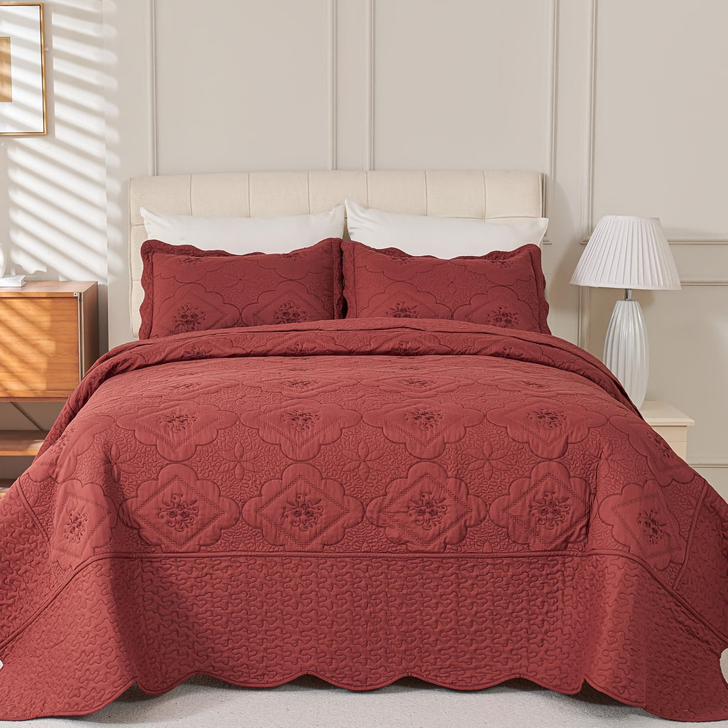 Quilted Embroidered Bedspread Set 3 Pcs – Floral Embroidery, 100% Polyester, Wrinkle-Resistant Lightweight Coverlet for Queen & King Bedroom Decor, 16 Colors