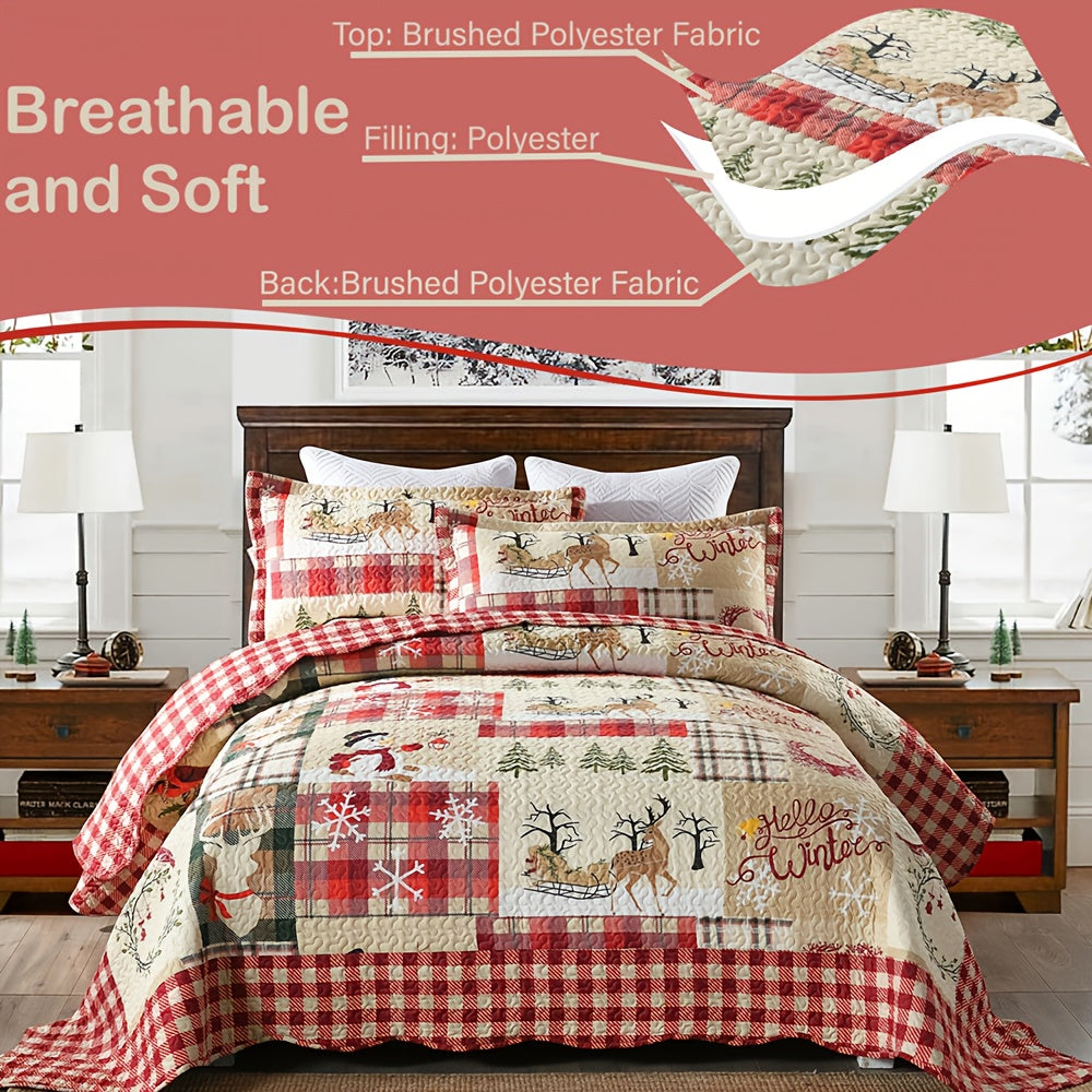 Christmas Quilt Set Queen King 3 Piece – Rustic Lodge Deer Snowman Snowflake Holiday Bedding Ensemble, Quilted Bedspread Coverlet with Pillow Shams, Machine Washable Lightweight Comforter