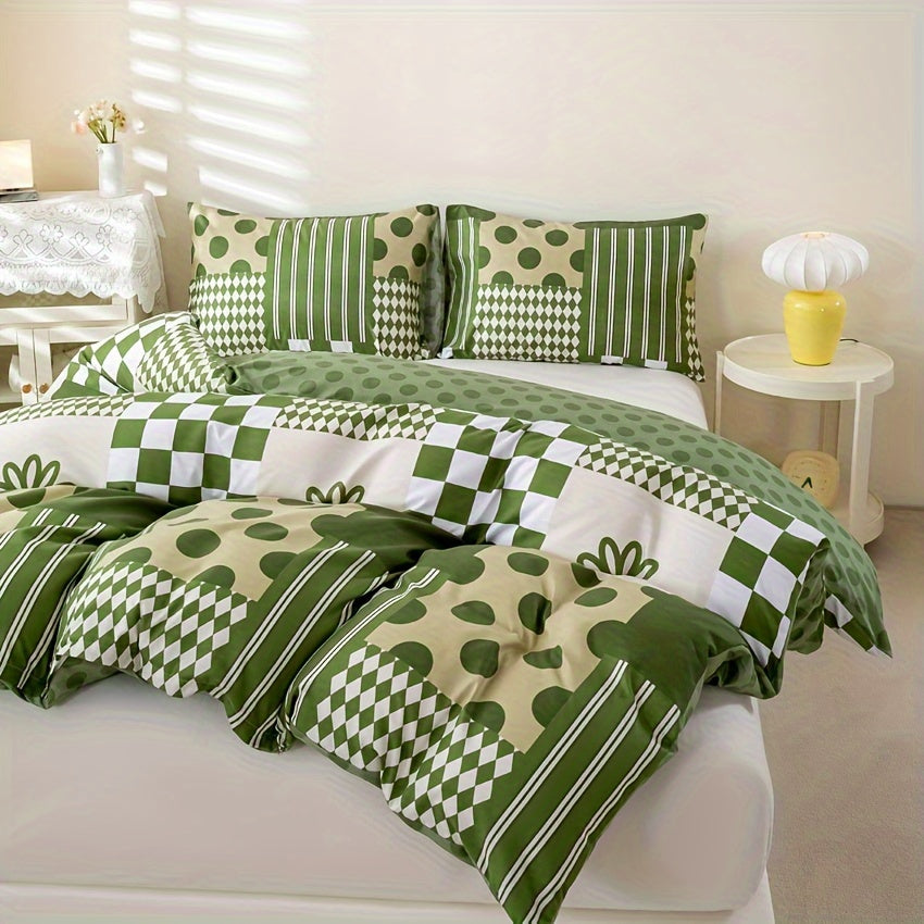 Green Geometric Duvet Cover Set 3 Piece Soft Microfiber with 2 Pillowcases Multiple Sizes Bedroom Decor Comforter Not Included