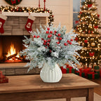 Artificial Christmas Greenery Stems with Red Berries 20pcs 14 Inch Flocked Norfolk Pine Picks for DIY Wreaths Xmas Tree Holiday Centerpiece Indoor Home Vase Filler Decor