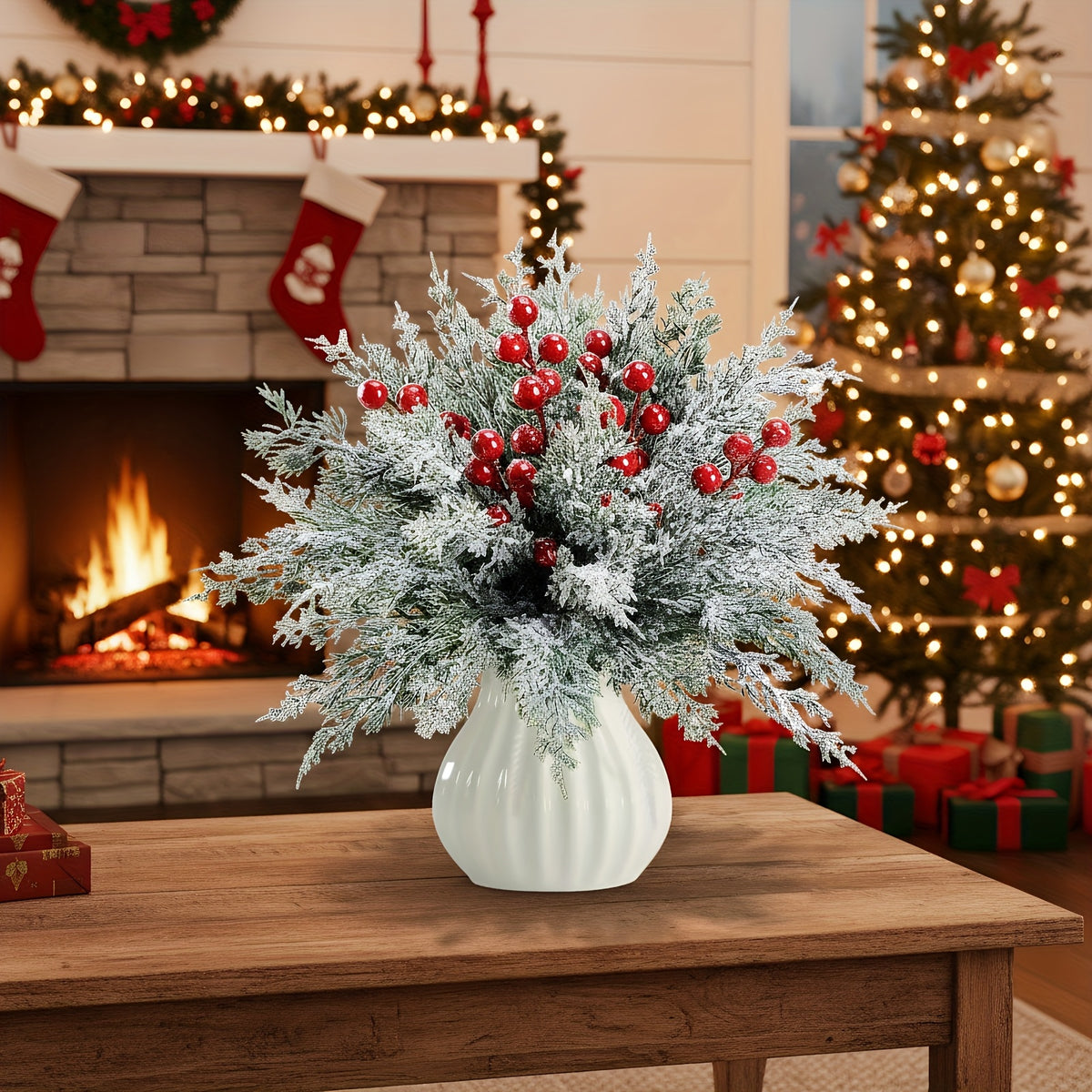 Artificial Christmas Greenery Stems with Red Berries 20pcs 14 Inch Flocked Norfolk Pine Picks for DIY Wreaths Xmas Tree Holiday Centerpiece Indoor Home Vase Filler Decor