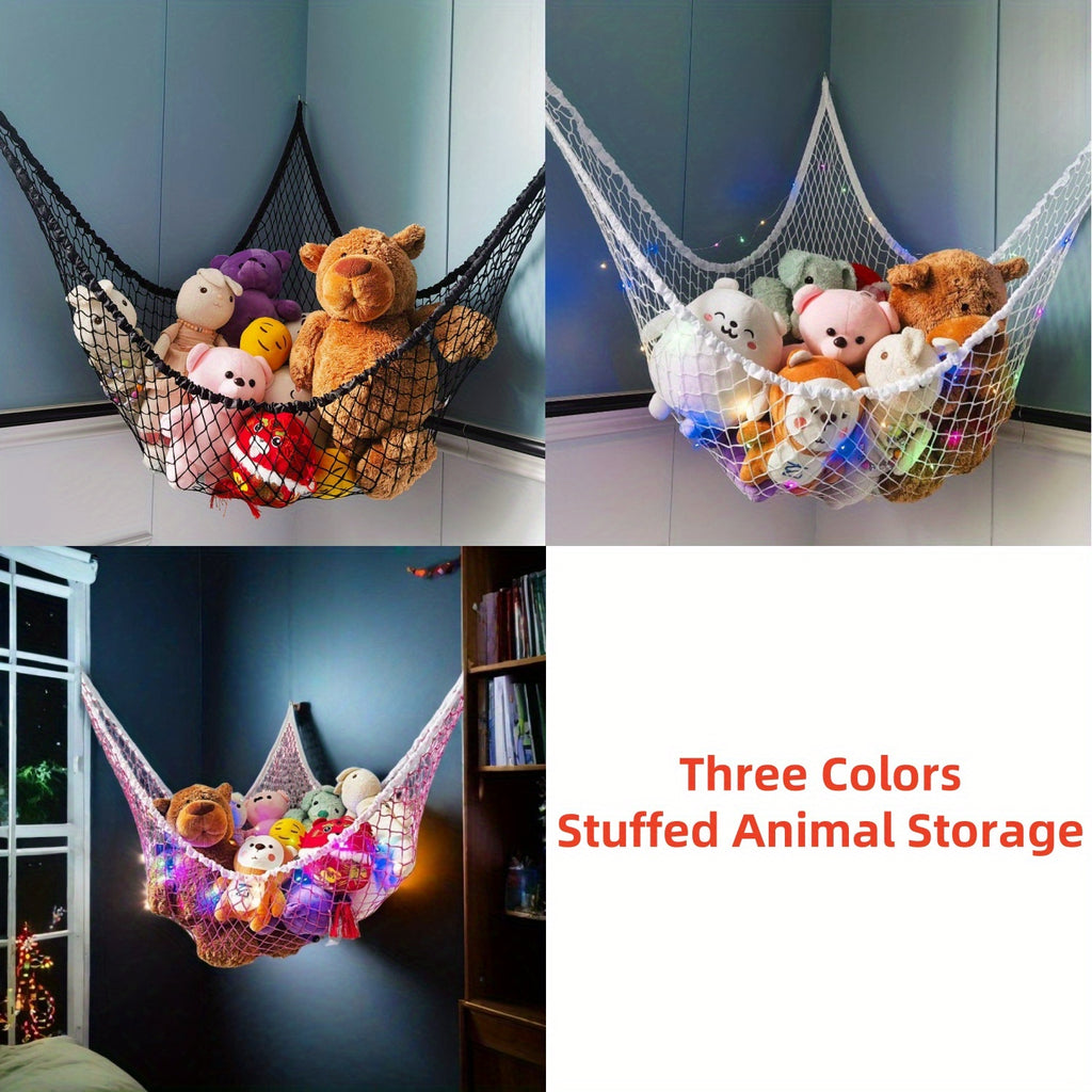 Jumbo Corner Stuffed Animal Hammock with LED Warm Lights – 72x48x48" Mesh Plush Toy Storage Organizer with Hooks, Kids Room & Nursery Decor, Holiday Gift for Boys & Girls