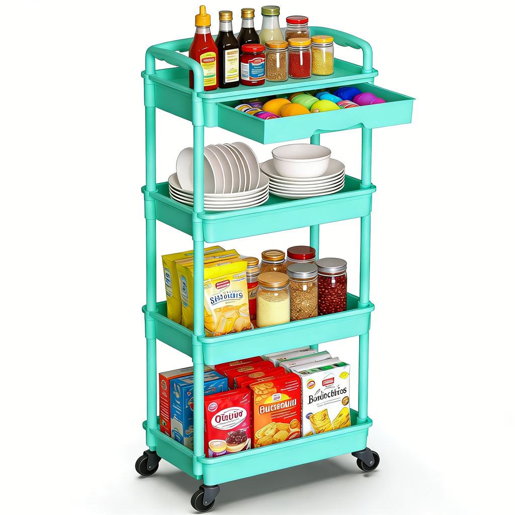 3/4-Tier Rolling Storage Cart with Drawers – Plastic Organizer with Lockable Wheels, Cup Holder & Hooks | Kitchen, Bathroom, Bedroom & Laundry Room