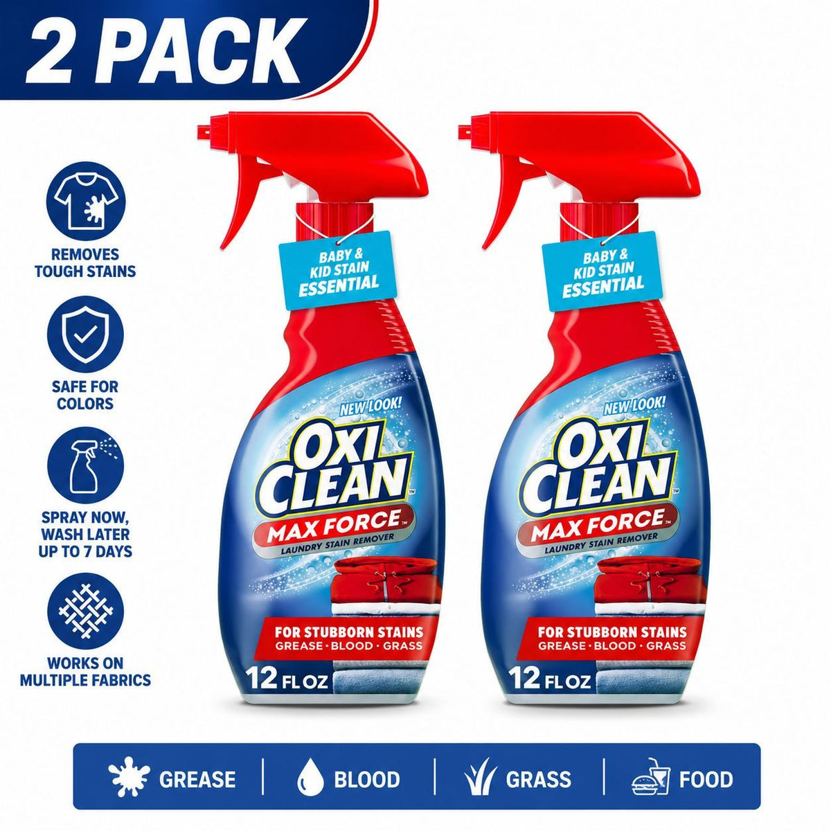 OxiClean Max Force Laundry Stain Remover Spray 12oz – Color-Safe Formula, Spray & Wait Up to 7 Days, Removes Grease, Oil, Blood & Grass | 2, 3 or 4 Pack