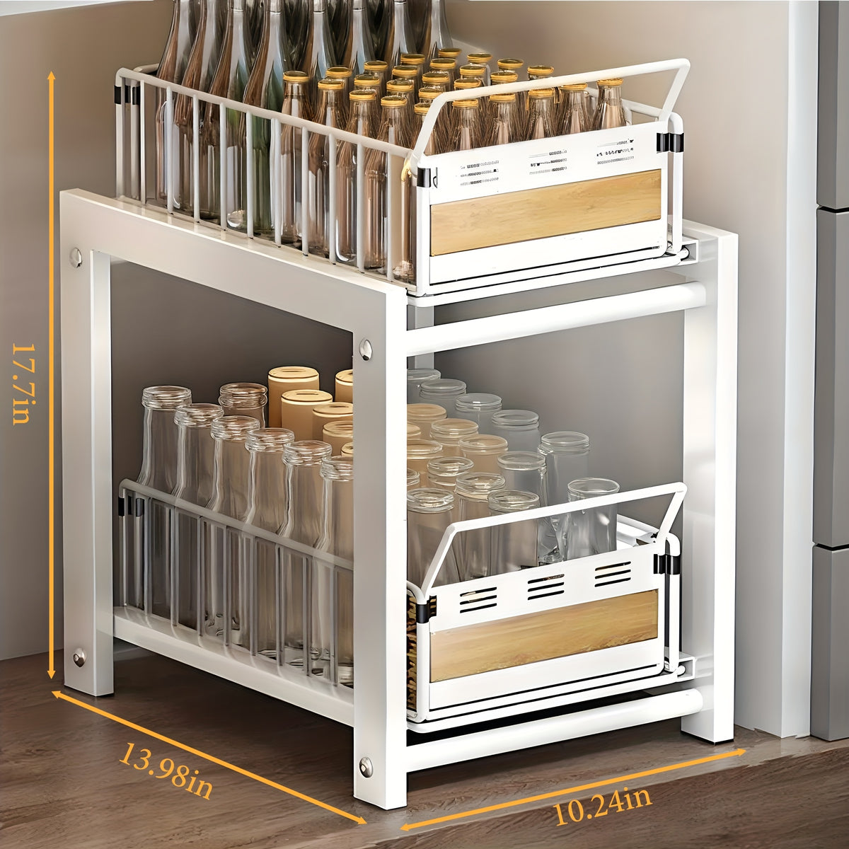 2-Tier Pull Out Cabinet Drawer Organizer No Drill - Slide Out Kitchen Pantry Shelf, Space-Saving Roll Out Storage for Spices Canned Goods Kitchenware, Black White