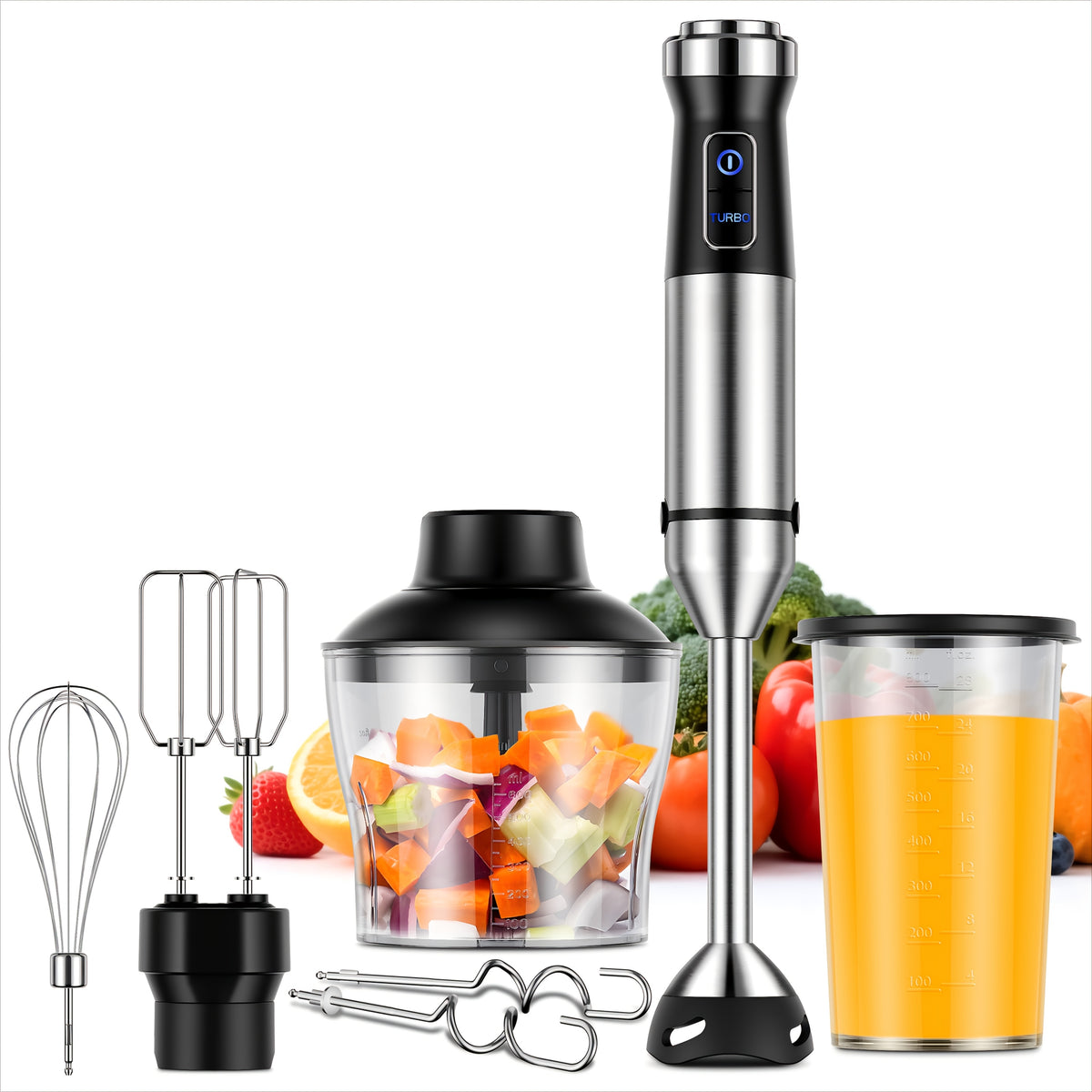 7-in-1 Immersion Blender Handheld 1000W 20-Speed Turbo with Dough Hooks, Egg Beater, Whisk, Beaker & Chopper – BPA-Free Stick Blender