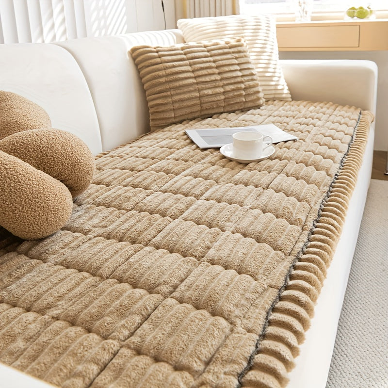 Corduroy Plush Sofa Cover 1pc – Thickened Non-Slip Washable Couch Slipcover for 2 3 4 Cushion Sofa & L-Shape Sectional, Soft Cozy Furniture Protector All Seasons, Christmas Home Decor
