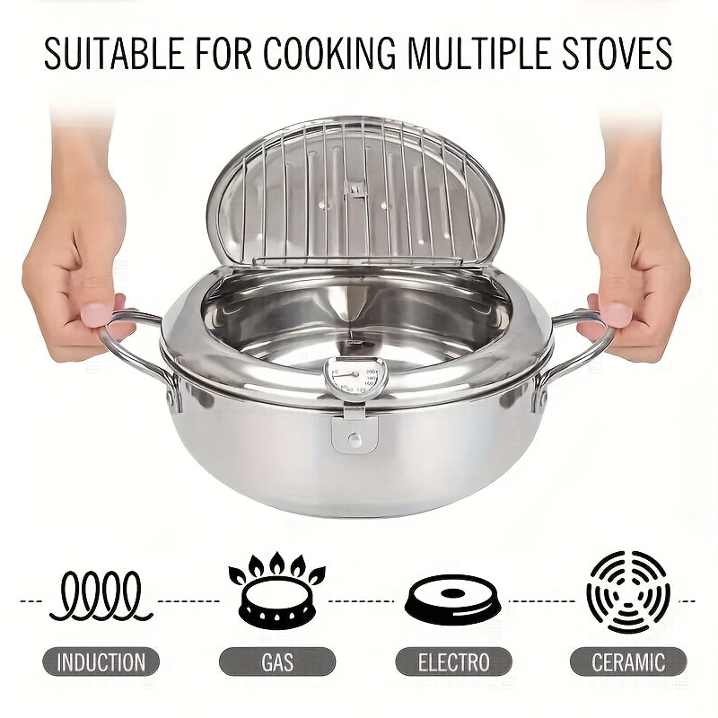 Stainless Steel Tempura Deep Fryer with Thermometer, Lid & Drip Strainer – Temperature Control Pot for Frying Boiling Steaming at Home