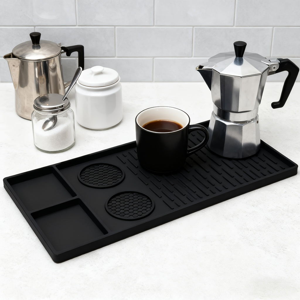 Silicone Coffee Mat with Raised Edges 2-in-1 Coffee Bar Mat and Dish Drying Mat - Countertop Protector for Coffee Machine, Espresso Maker & Kitchen Counter, 23.6 x 15.7 Inch