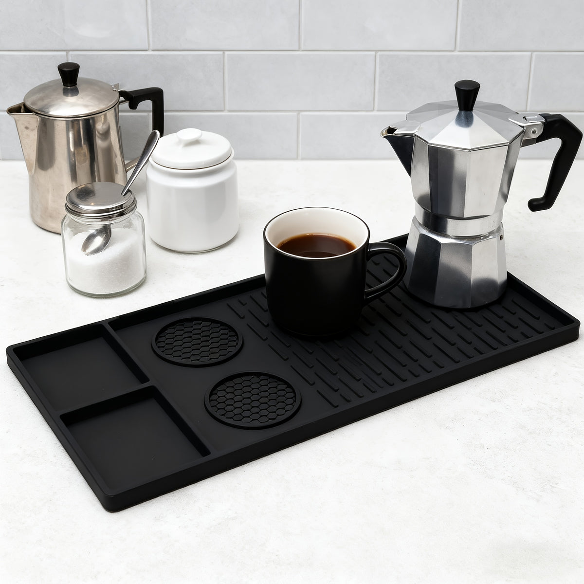 Silicone Coffee Mat with Raised Edges 2-in-1 Coffee Bar Mat and Dish Drying Mat - Countertop Protector for Coffee Machine, Espresso Maker & Kitchen Counter, 23.6 x 15.7 Inch