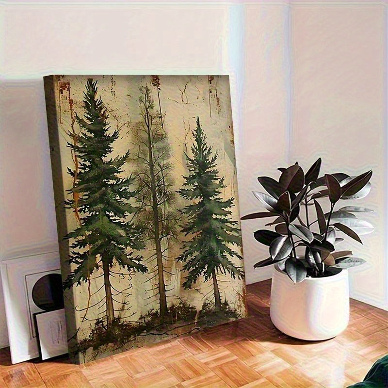 Large Framed Abstract Pine Tree Canvas Wall Art Orange Bohemian Wood Frame – Modern Country Farmhouse Decor for Living Room Office Bedroom, Ready to Hang Large Wall Art