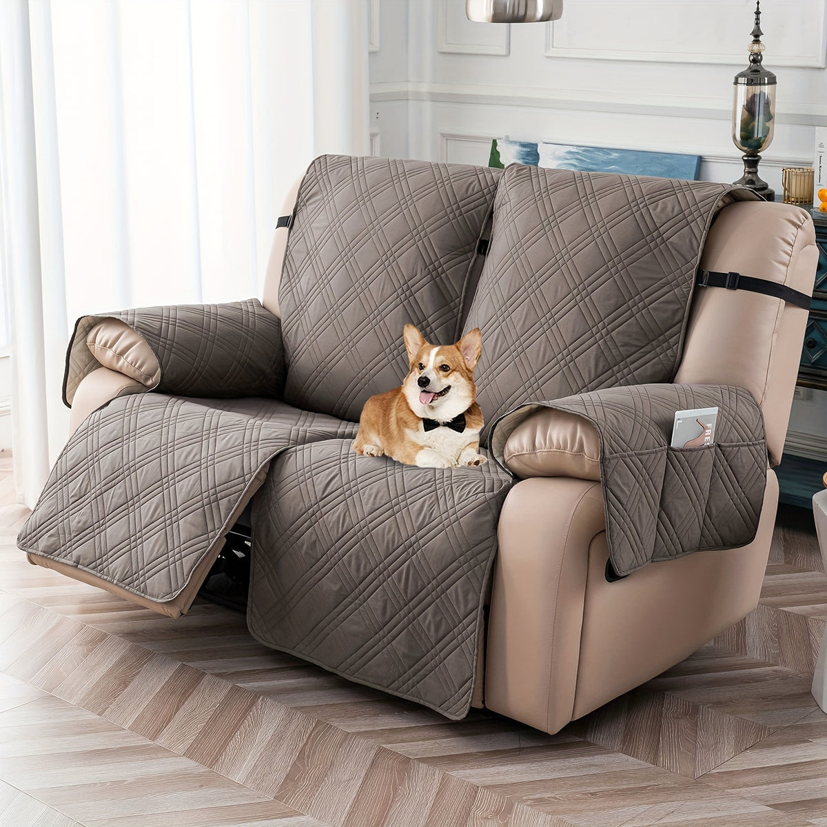 Waterproof Split Recliner Loveseat Cover 2 Piece Set Non-Slip Elastic Strap Washable Reclining Sofa Slipcover Furniture Protector for Moving Parts Contemporary Style