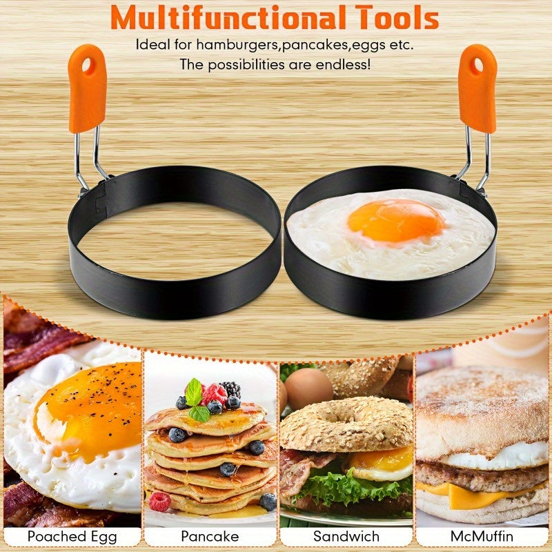 Egg Rings Set 6pcs Nonstick Stainless Steel with Silicone Handle – 4-Inch & 6-Inch Round Pancake Molds for Fried Eggs, Omelets & Breakfast Sandwiches