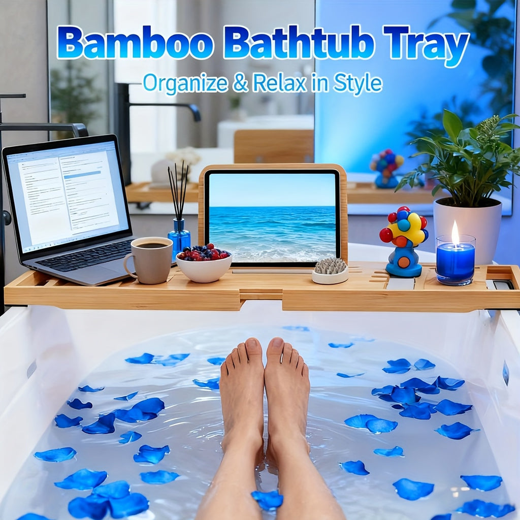 Bamboo Bathtub Caddy Tray Adjustable 27.6–35.4 Inch with Multi-Slot Organizer & Device Holder, Retractable Bath Shelf for Phone, Tablet, Book, Wine & Toiletries — Spa Bath Accessory, Wood Color
