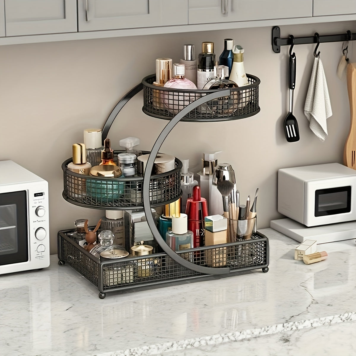 3-Tier Metal Makeup & Cosmetic Storage Rack, No-Install Countertop Organizer for Vanity, Dressing Table & Bathroom — Modern Tabletop Display Shelf, White & Dark