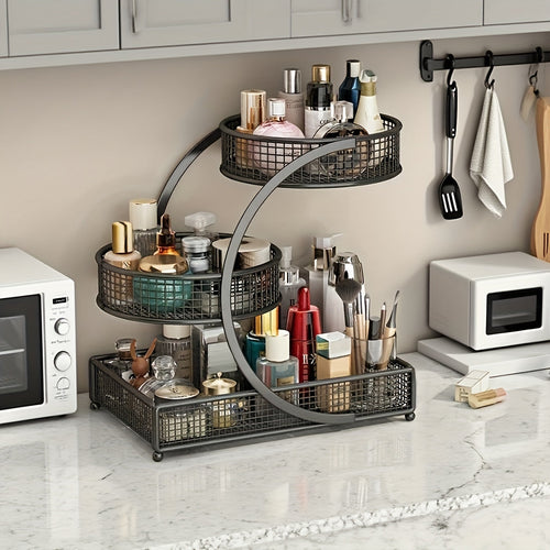 3-Tier Metal Makeup & Cosmetic Storage Rack, No-Install Countertop Organizer for Vanity, Dressing Table & Bathroom — Modern Tabletop Display Shelf, White & Dark