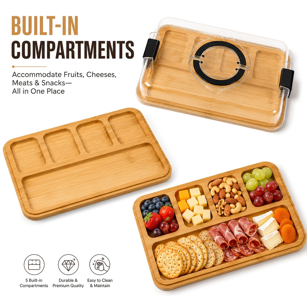 Bamboo Charcuterie Board with Clear Lid & 5 Compartments – Serving Platter Tray with Handle, Side Locks & Reusable Snack Board for Cheese, Fruit, Crackers, Appetizers, Party & Holiday Gatherings