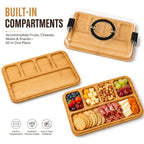 Bamboo Charcuterie Board with Clear Lid & 5 Compartments – Serving Platter Tray with Handle, Side Locks & Reusable Snack Board for Cheese, Fruit, Crackers, Appetizers, Party & Holiday Gatherings