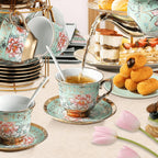 20 Piece Ceramic Tea Set Floral Design – European Afternoon Tea Service with Teapot, Cups, Saucers & Metal Stand – Blooming Style, Gift for Tea Lovers