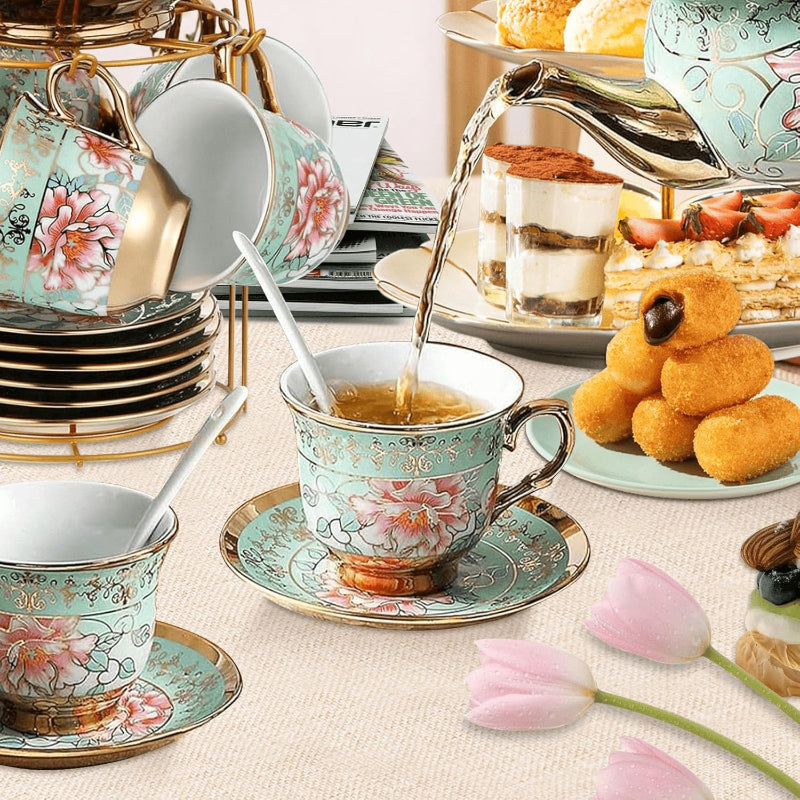 20 Piece Ceramic Tea Set Floral Design – European Afternoon Tea Service with Teapot, Cups, Saucers & Metal Stand – Blooming Style, Gift for Tea Lovers