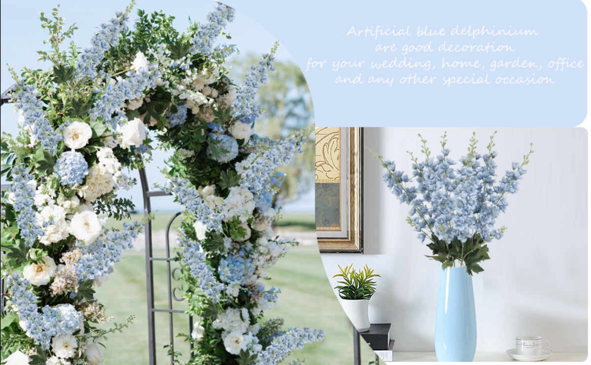 Faux Delphinium Larkspur Stems 8pcs 33.5 Inch Artificial Flowers for Wedding Table Centerpiece Bridal Bouquet Home Garden Vase Floral Arrangement Decor in Dusty Blue Pink Purple Orange