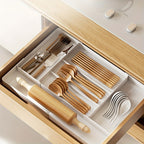 Expandable Kitchen Utensil Drawer Organizer Tray with Adjustable Dividers – Multiple Compartments for Forks, Spoons, Knives & Chopsticks, Durable Plastic, Extra Large 4-Direction Extension for Home Kitchen