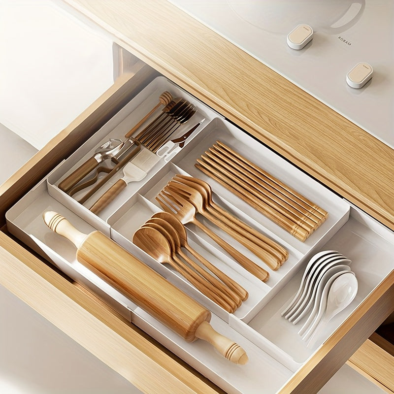 Expandable Kitchen Utensil Drawer Organizer Tray with Adjustable Dividers – Multiple Compartments for Forks, Spoons, Knives & Chopsticks, Durable Plastic, Extra Large 4-Direction Extension for Home Kitchen