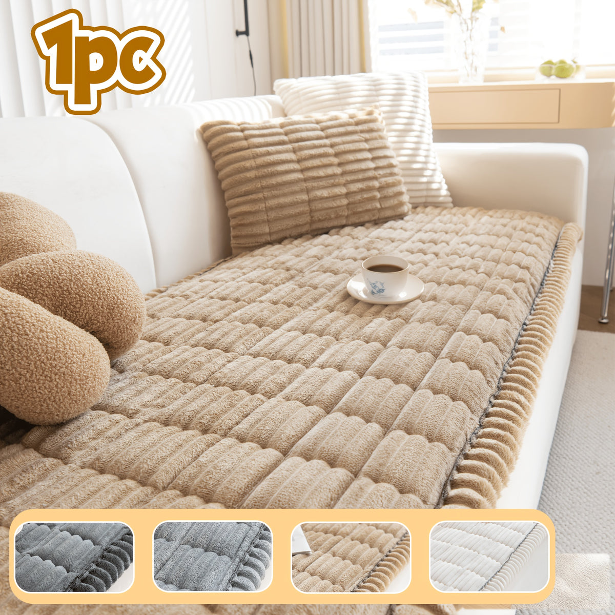 Corduroy Plush Sofa Cover 1pc – Thickened Non-Slip Washable Couch Slipcover for 2 3 4 Cushion Sofa & L-Shape Sectional, Soft Cozy Furniture Protector All Seasons, Christmas Home Decor