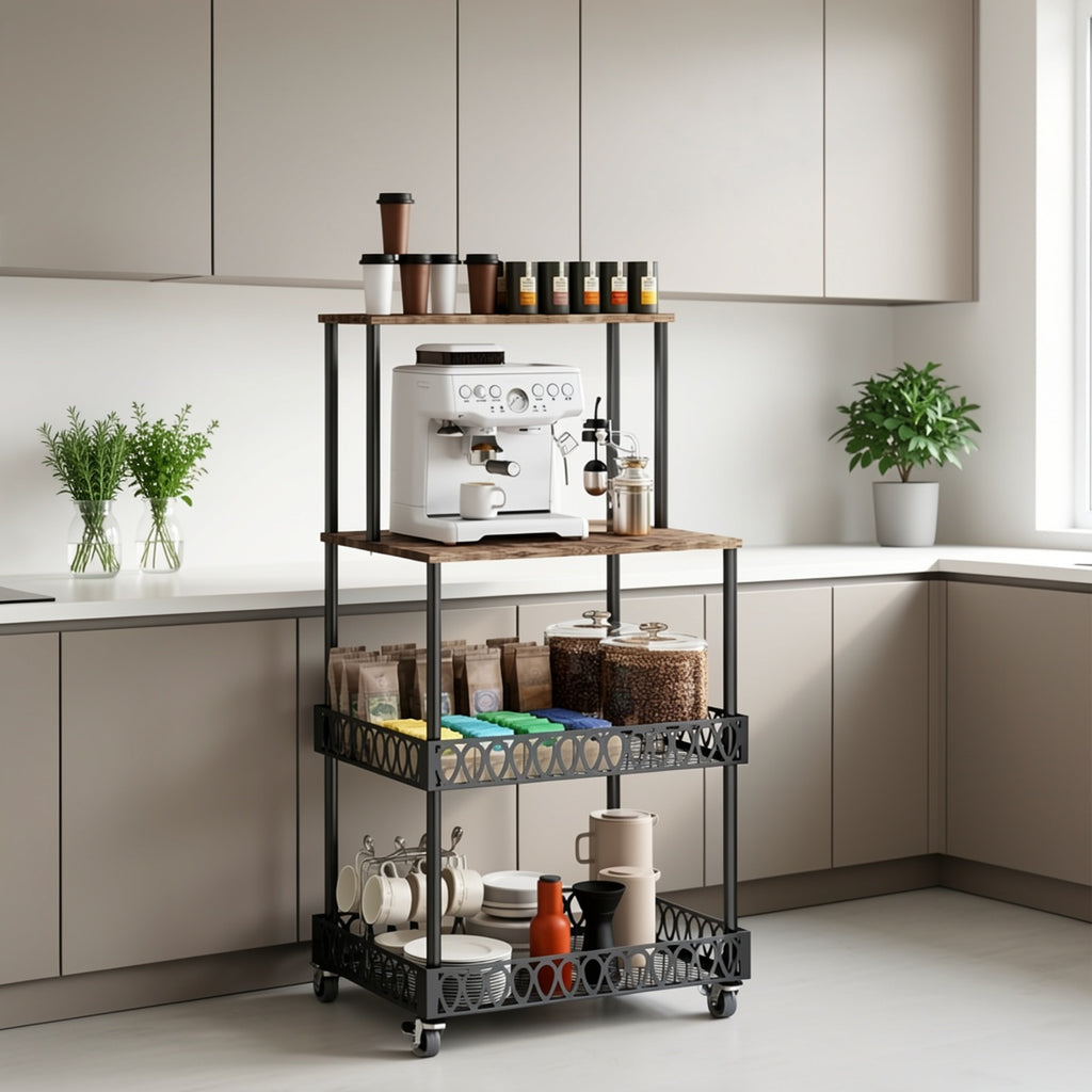 4-Tier Kitchen Microwave Oven Stand with Wheels – Vertical Baking & Bread Storage Rack for Kitchen & Dining Room | Rolling Floor-Standing Shelving