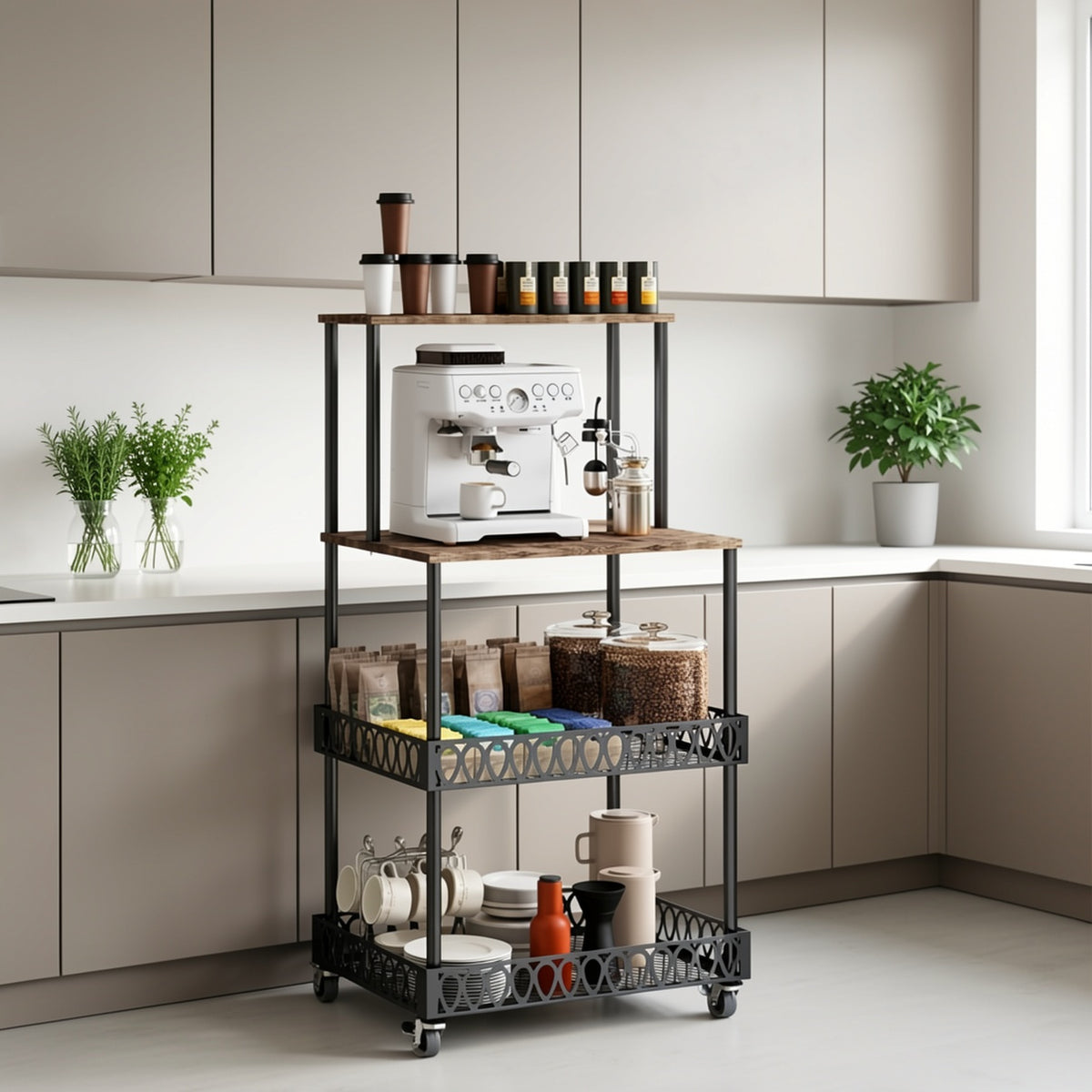 4-Tier Kitchen Microwave Oven Stand with Wheels – Vertical Baking & Bread Storage Rack for Kitchen & Dining Room | Rolling Floor-Standing Shelving