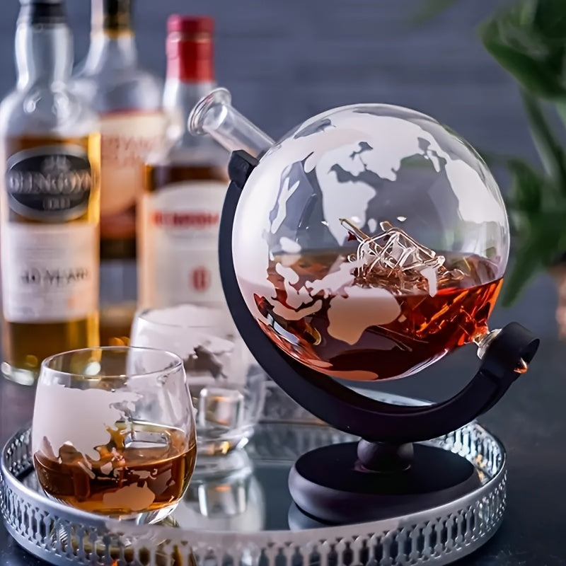 Whiskey Decanter Set for Men – Etched World Globe Design 28oz with Wooden Stand & Glass – Bourbon Scotch Decanter Gift for Dad, Husband & Home Bar