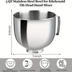5Qt Stainless Steel Mixer Bowl – KitchenAid Artisan & Classic 4.5-5QT Compatible, Oven-Safe 304 Steel with Ergonomic Handle & Spill-Resistant Lid