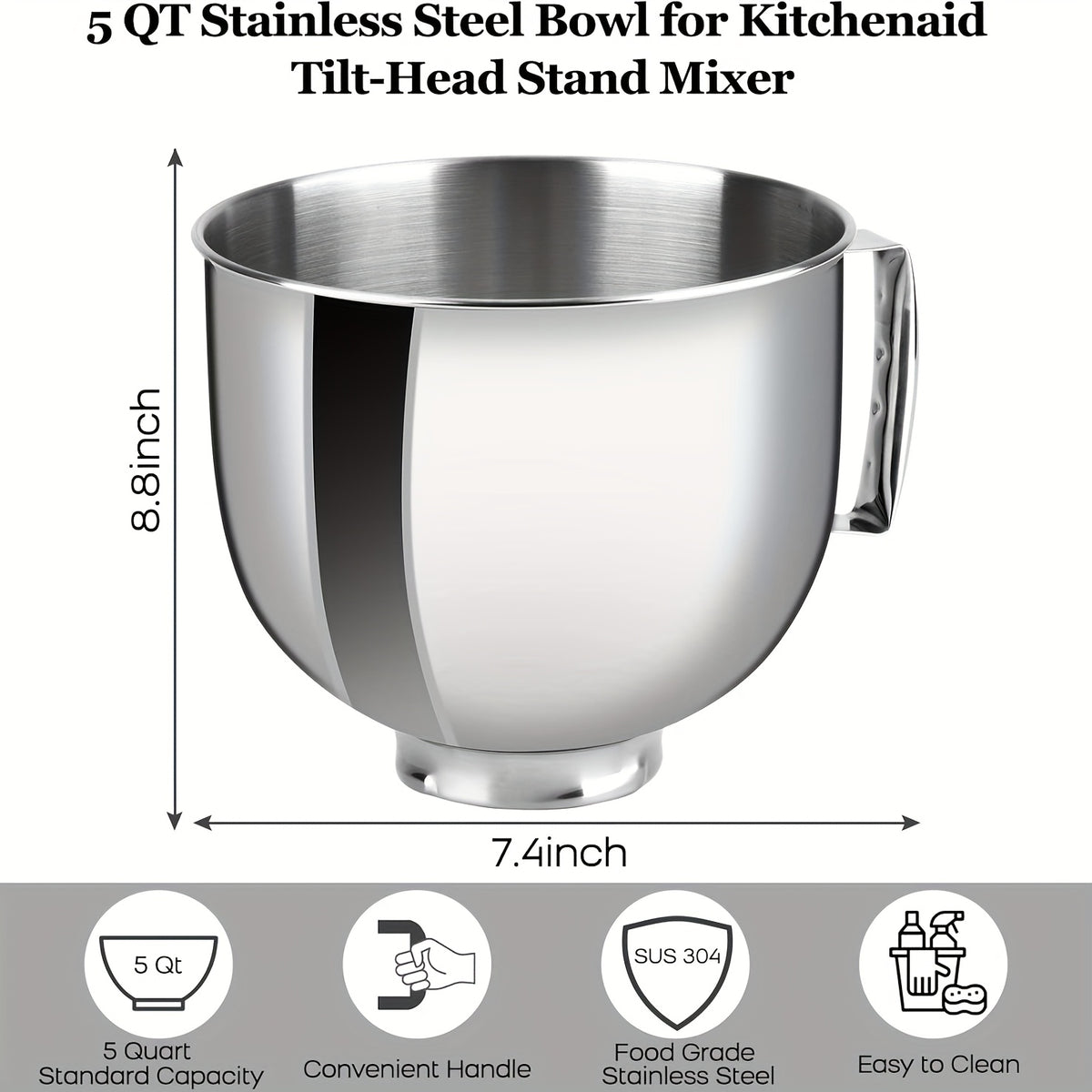 5Qt Stainless Steel Mixer Bowl – KitchenAid Artisan & Classic 4.5-5QT Compatible, Oven-Safe 304 Steel with Ergonomic Handle & Spill-Resistant Lid